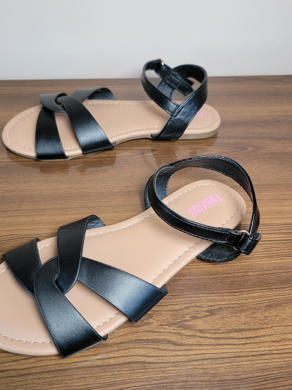 FabKids Girls Black Ankle-Strap Flat Sandals - Size 2 - Picture 2 of 4